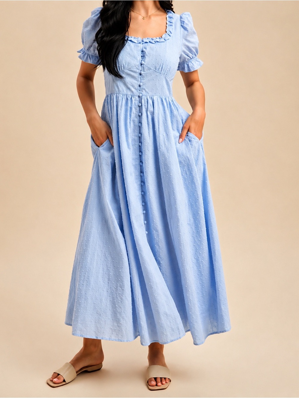 Light Blue Puff-Sleeve Maxi Dress with Button Front and Pockets